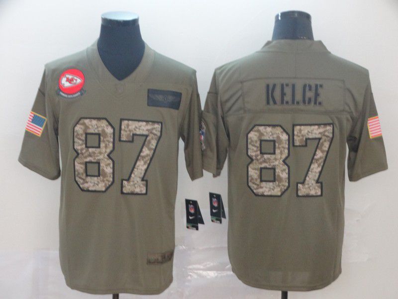 Men Kansas City Chiefs #87 Kelce Nike 2019 Olive Camo Salute to Service Limited NFL Jerseys